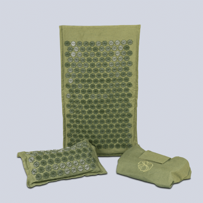 Set tappetini acupressure per il massaggio verde bottiglia con borsa